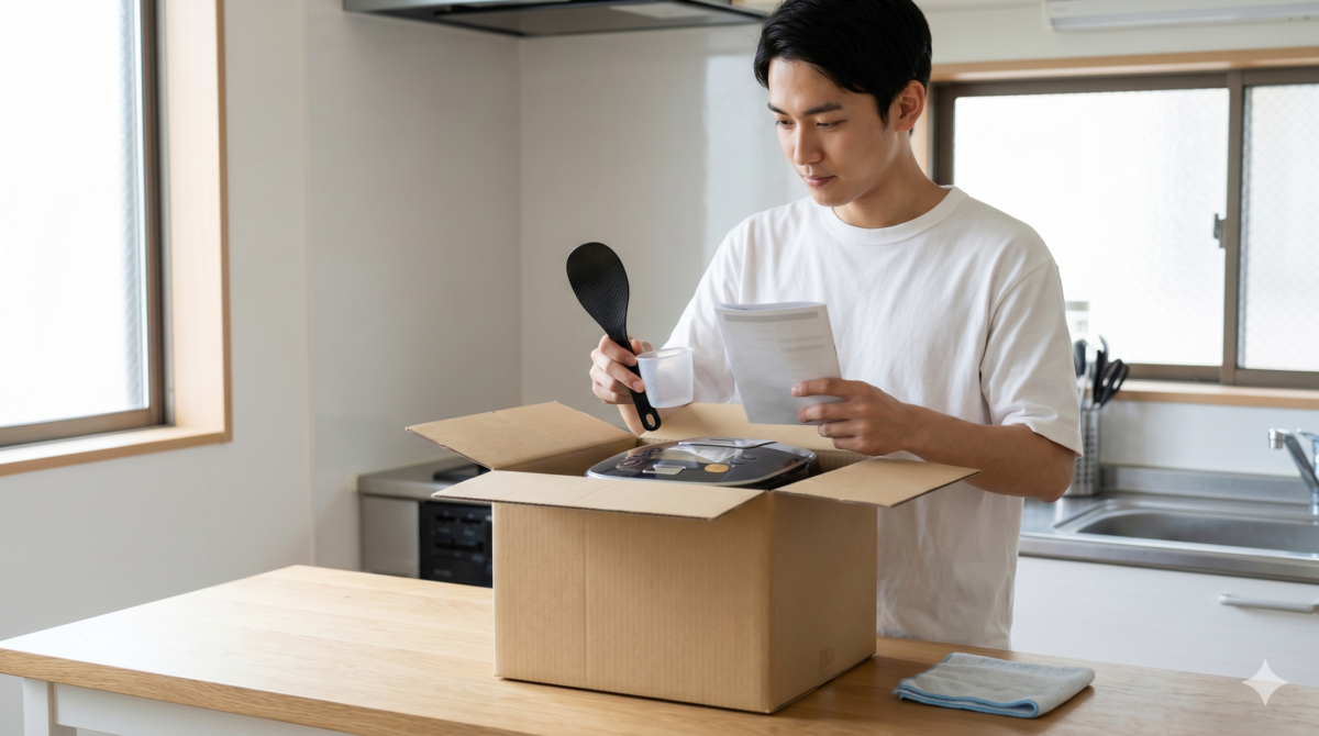 日本人の若い男性が、自然光の入るキッチンカウンターで、きれいに掃除された最新の炊飯器と一緒に、洗ったしゃもじ、計量カップ、取扱説明書を丁寧にダンボール箱に詰めている、買取準備の様子。