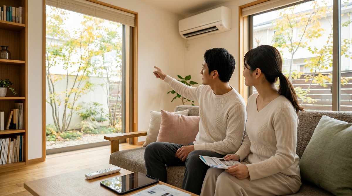 春または秋の穏やかな日に、日本の夫婦がリビングで壁掛けエアコンの買い替えと売却のタイミングを検討している様子。