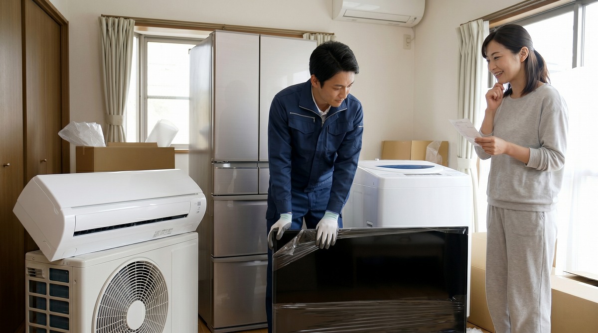 引っ越し準備中の部屋で、買取名人の査定専門スタッフがエアコン、冷蔵庫、洗濯機、テレビなどの複数家電をまとめて出張買取するために搬出している様子。