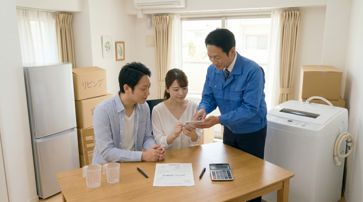 引っ越し準備が進む日本の家庭で、買取名人査定サービスの男性スタッフが縦型洗濯機と冷蔵庫を査定しており、近くで夫婦がカレンダーとスマートフォンを確認しながら引っ越しのスケジュールを立てている様子。