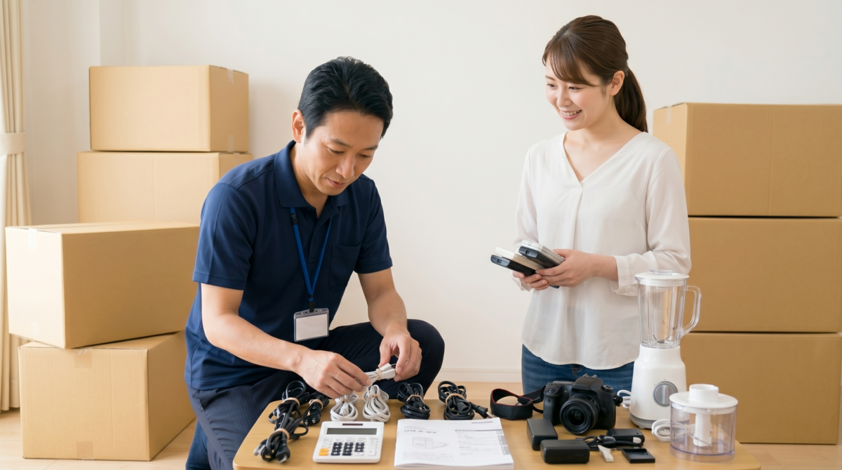 明るい室内で、買取名人の査定スタッフが小型家電の査定をし、傍らで日本の夫婦が、取扱説明書、リモコン、電源コード、計量カップなどの付属品を整理している様子。