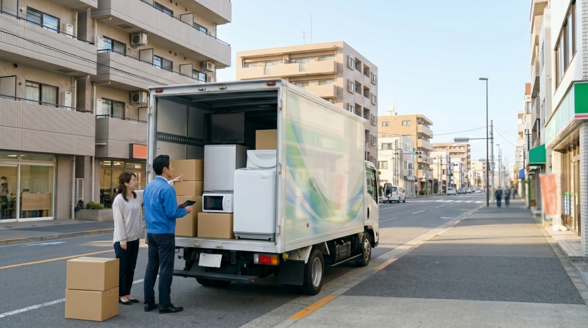 東京都武蔵野市・三鷹市エリアの閑静な住宅街で、晴れた日の午後に、サービスカーの荷台へ、男性スタッフが日本の夫婦から預かった家電製品を搬出しトラックに積み込む様子。