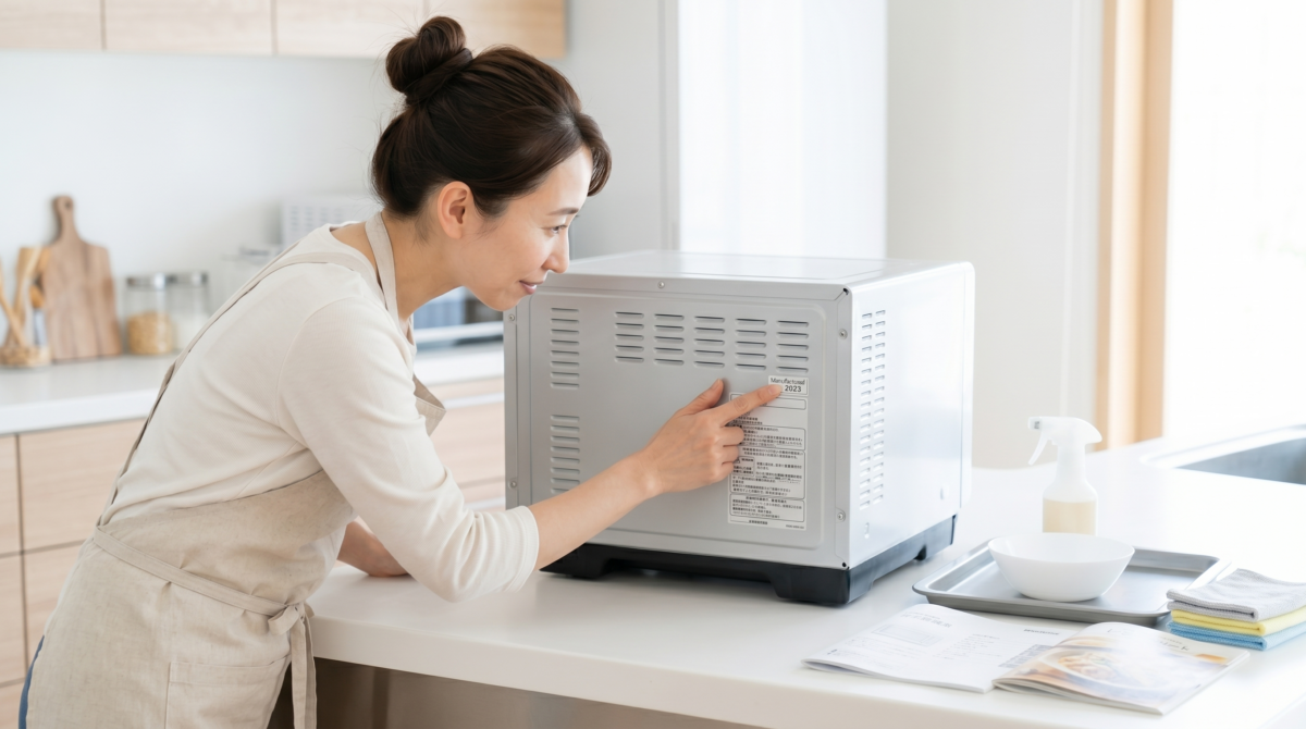 電子レンジの買取目安を確認する女性：キッチンカウンターで、電子レンジ背面の製造年ラベルを指差し、年式をチェックしている女性。