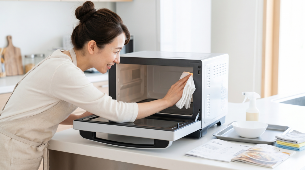 電子レンジの庫内を掃除する女性：明るいキッチンで、電子レンジのドアを開け、布を使って庫内を丁寧に拭き掃除する女性。