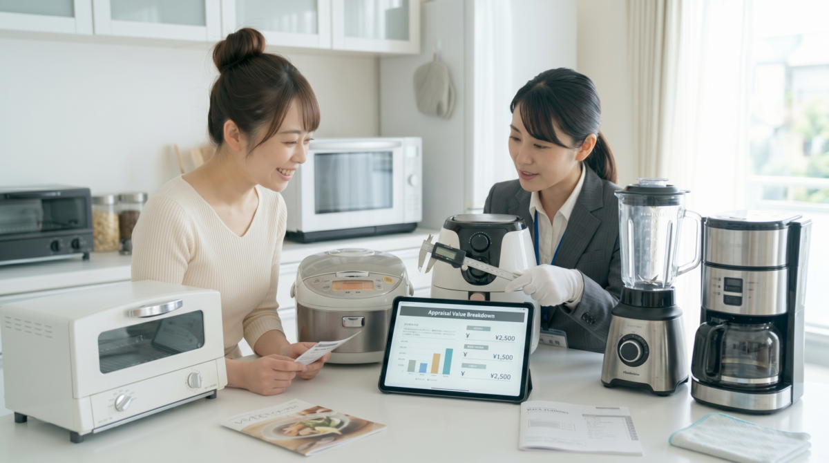 調理家電をまとめて買取に出す女性：キッチンカウンターに並べられた電子レンジ、炊飯器、トースター、ホットプレートを前に、笑顔でまとめて売ることをアピールする女性と丁寧に査定する買取名人スタッフ