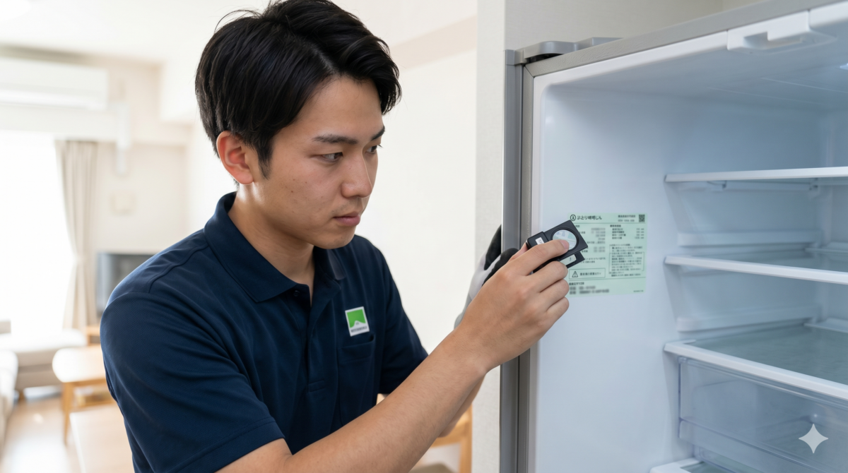 冷蔵庫の買取基準である製造年数を確認するため、買取名人の男性スタッフがドアの内側のラベルを注意深く点検している様子。