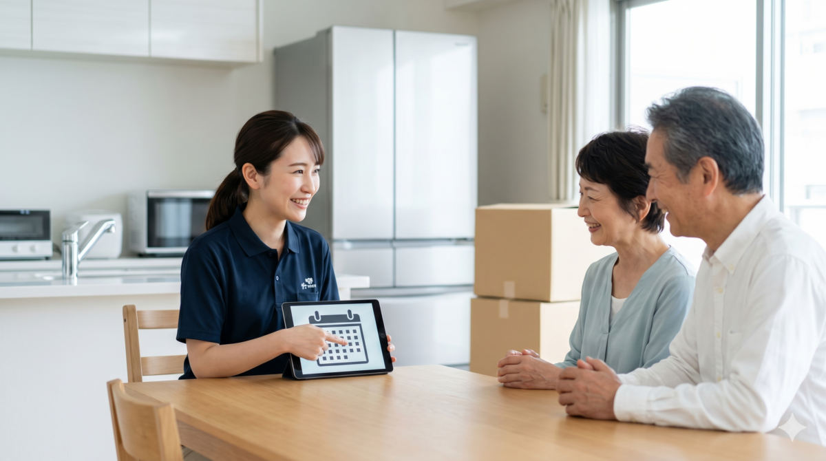 引っ越し前の片付けが進む部屋で、買取名人のスタッフがご夫婦に冷蔵庫の売却タイミングをカレンダーで説明し、笑顔で相談に乗っている様子。