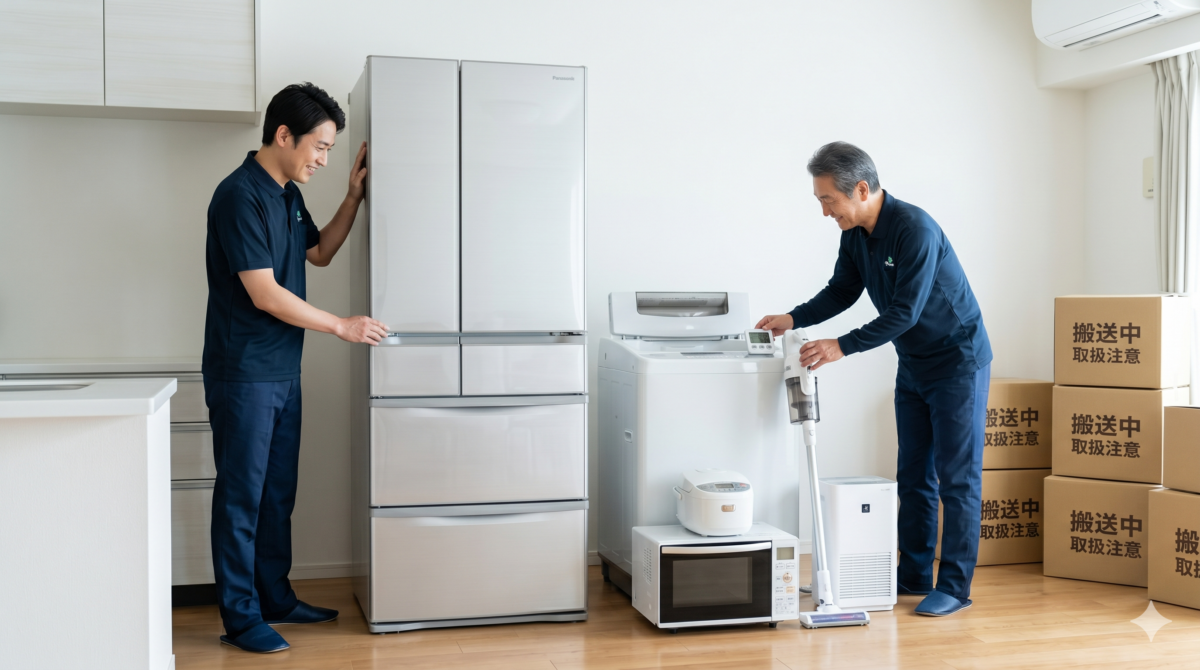 東京都内のアパートで、買取名人のスタッフが冷蔵庫、洗濯機、電子レンジ、炊飯器、掃除機などの家電製品をまとめて査定している様子。一度の出張ですべて解決できる利便性をアピール。
