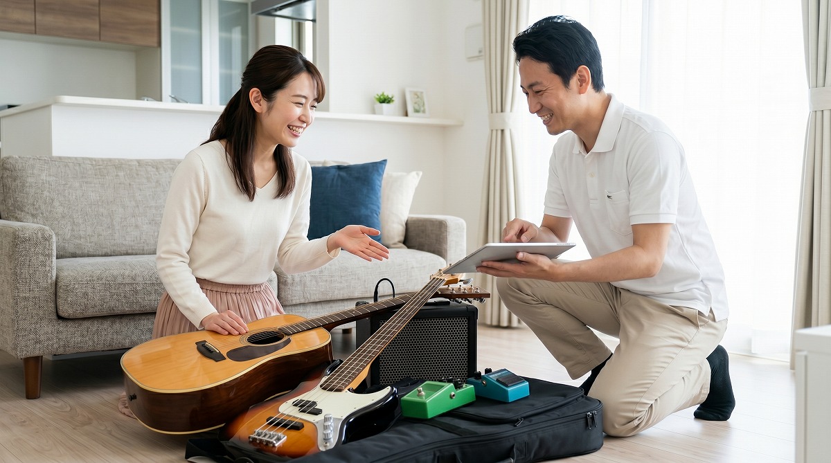 明るい日本のリビングで、笑顔の日本人女性依頼者と買取名人の査定スタッフが、まとめられた複数の楽器（ギター、キーボード、アンプ）を前に交渉している、買取メリットを象徴する様子。