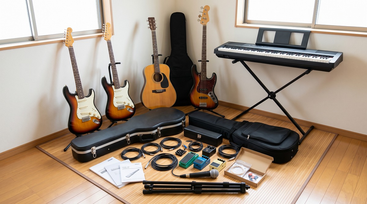 楽器・音楽機材をまとめて買取依頼した依頼主の自宅で、出張買取のために綺麗に並べられた複数の楽器（エレキギター、アコースティックギター、ベース、キーボード）と、小型の音楽機材（エフェクター、マイク、マイクスタンド）それぞれのケースや付属品が整然と置かれている様子。