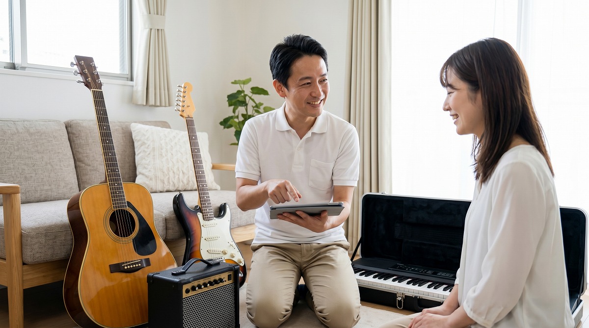 明るい日本のリビングで、買取名人の楽器査定スタッフがタブレットを使い、複数の楽器（アコースティックギター、キーボード、アンプ）を前に笑顔の日本人女性依頼者に査定結果を説明している、買取の流れを象徴する画像。