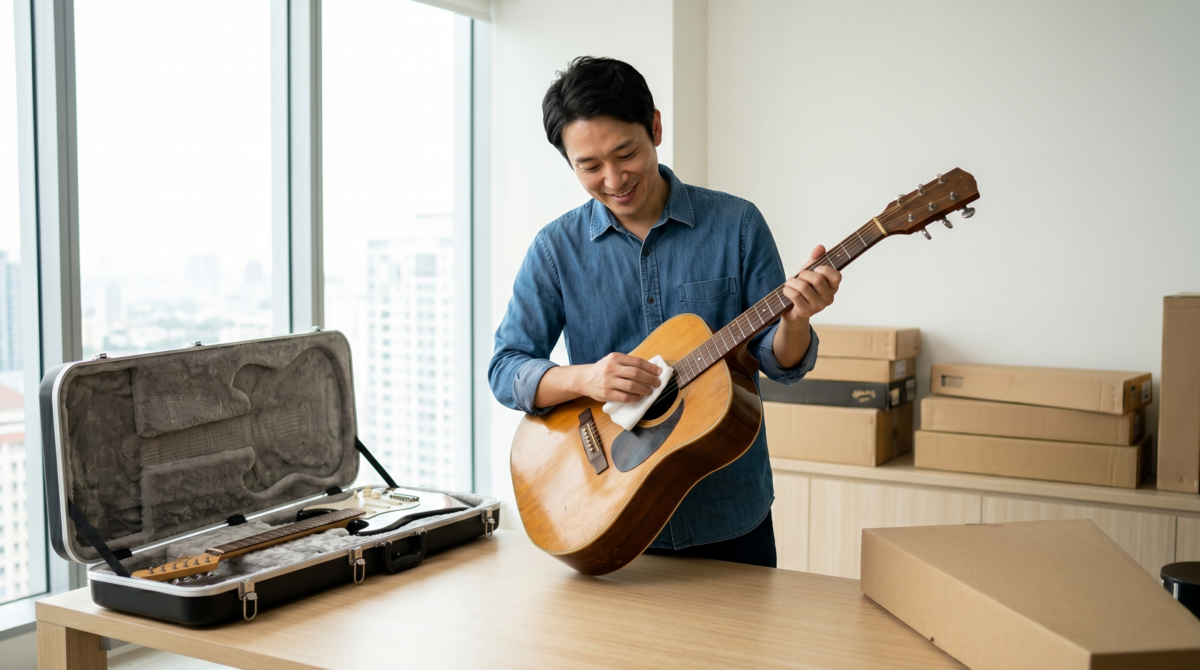 男性のコレクターが古いアコースティックギターを丁寧に拭き上げながら、売却のタイミングを思案している。手前には新しい別のギターケースが置かれている。