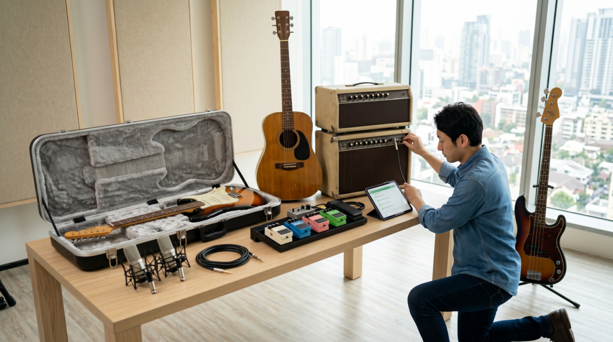 東京のホームスタジオで、買取名人の無料LINE査定サービスで、複数のエレキギター、アコースティックギター、ベース、アンプ、エフェクターを査定結果をもとにまとめて点検している。効率的な楽器一括買取をイメージ。