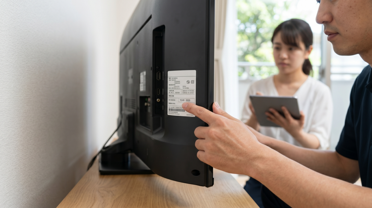 日本の家庭のリビングで、製造年式を確認するためにテレビ裏面のラベルを指差す日本人男性と、それをメモする「買取名人」の女性スタッフ。製造から10年以内という買取基準を視覚的に伝える。