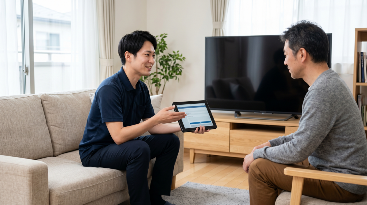 日本の家庭のリビングで、製造から7年経過したテレビを前に、買取名人のスタッフがタブレットを用いて見積金額や査定ポイントを日本人男性に丁寧に説明している様子。年数が経過していても状態が良ければしっかりと価値がつくことを相談している、信頼感のある査定風景。