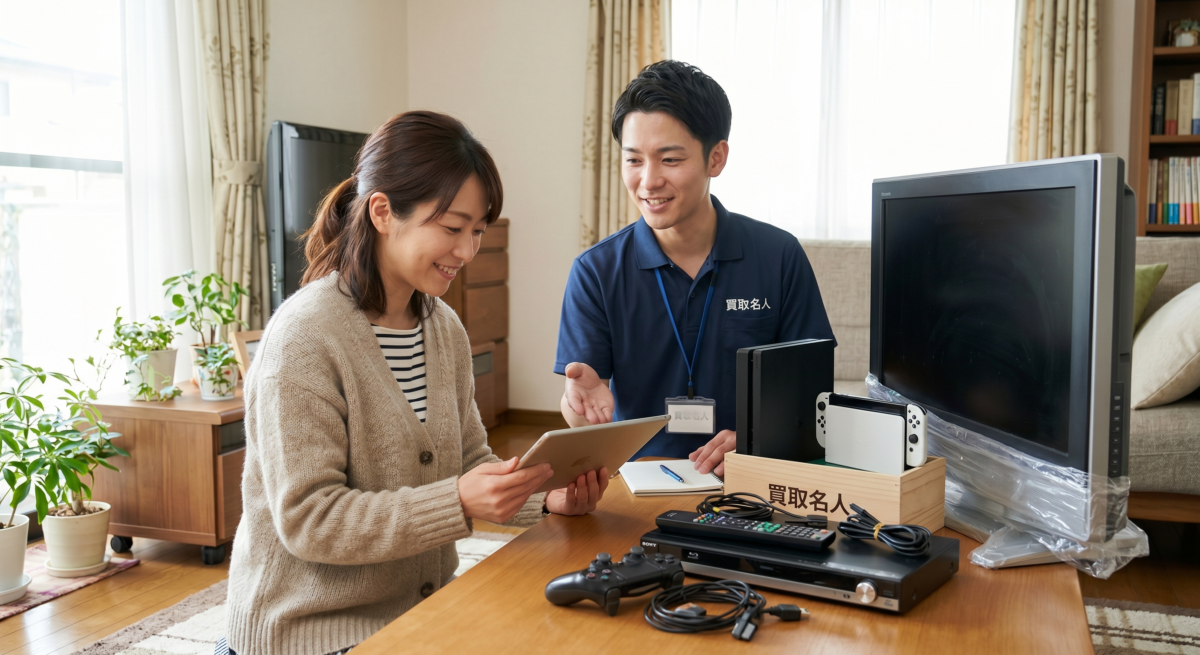 日本の住宅のリビングで、笑顔でタブレットを確認する日本人女性と、優しく説明する日本人男性。「買取名人」のスタッフによる親身な対応を表現。テレビだけでなく、レコーダーやゲーム機などのまとめ売り（バンドル）に関する質問にも対応する様子を描写。信頼感と利便性を伝える一枚。