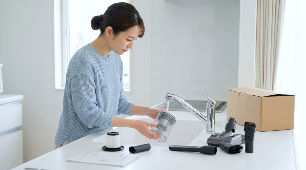 買取依頼主の日本人女性が掃除機のダストケースを洗い、フィルターやアタッチメントノズル、取扱説明書、元箱をきれいに並べている様子。買取前の清掃と付属品の準備を強調。