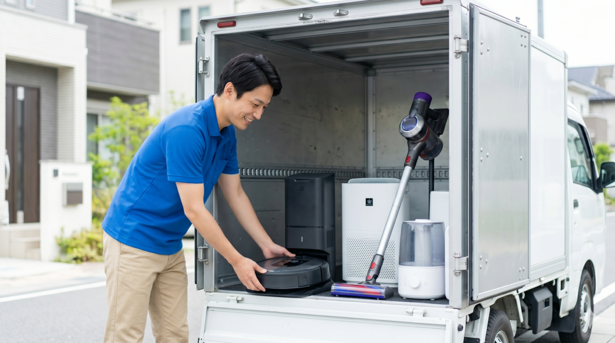 明るい住宅街で、買取名人の男性スタッフが、ロボット掃除機、コードレス掃除機、空気清浄機、加湿器などの複数の家電製品をまとめて査定車に運び込んでいる様子。まとめて売る利便性と、小型家電の出張買取対応をイメージさせる。