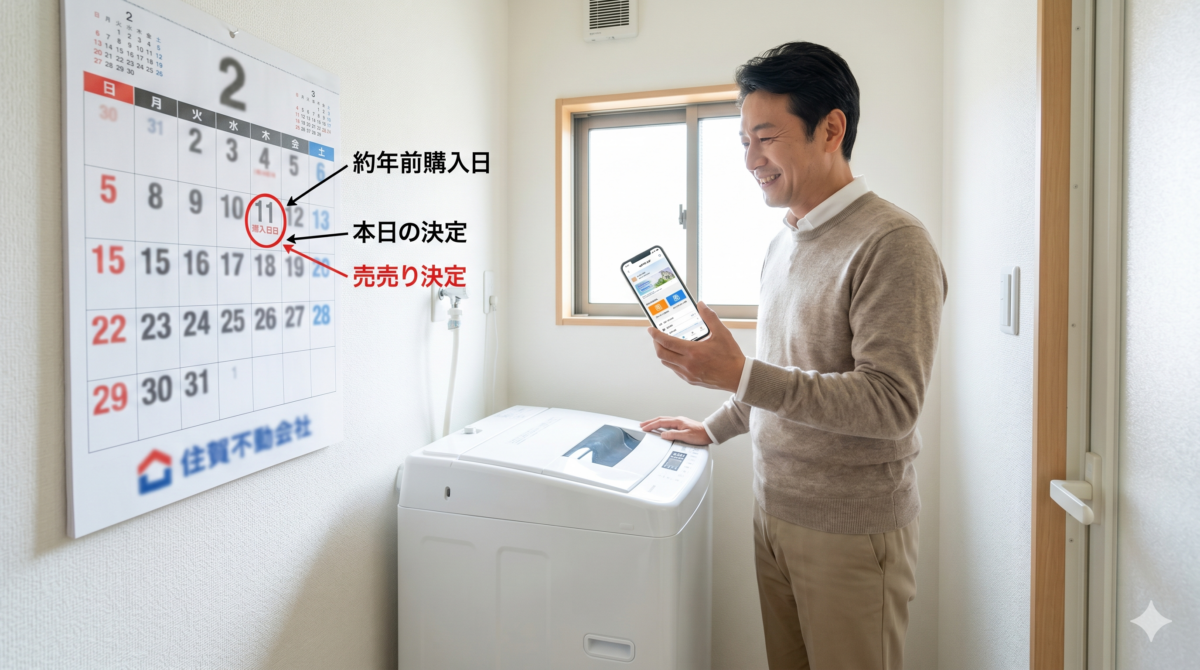 自宅のユーティリティルームで、カレンダーを見ながら洗濯機の売却を決意する笑顔の日本人男性。買い替えや引っ越しのタイミングを意識した「早め」の行動を促す。
