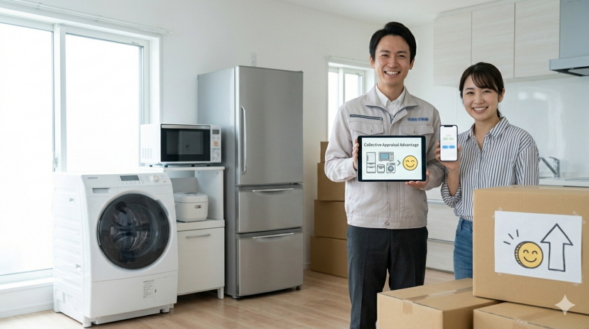 明るい自宅で、ドラム式洗濯機と一緒に冷蔵庫や電子レンジ、炊飯器をまとめて査定に出し、満足そうな表情の日本人女性と笑顔の買取名人スタッフ。複数点まとめて手放すことのメリットをイメージ。