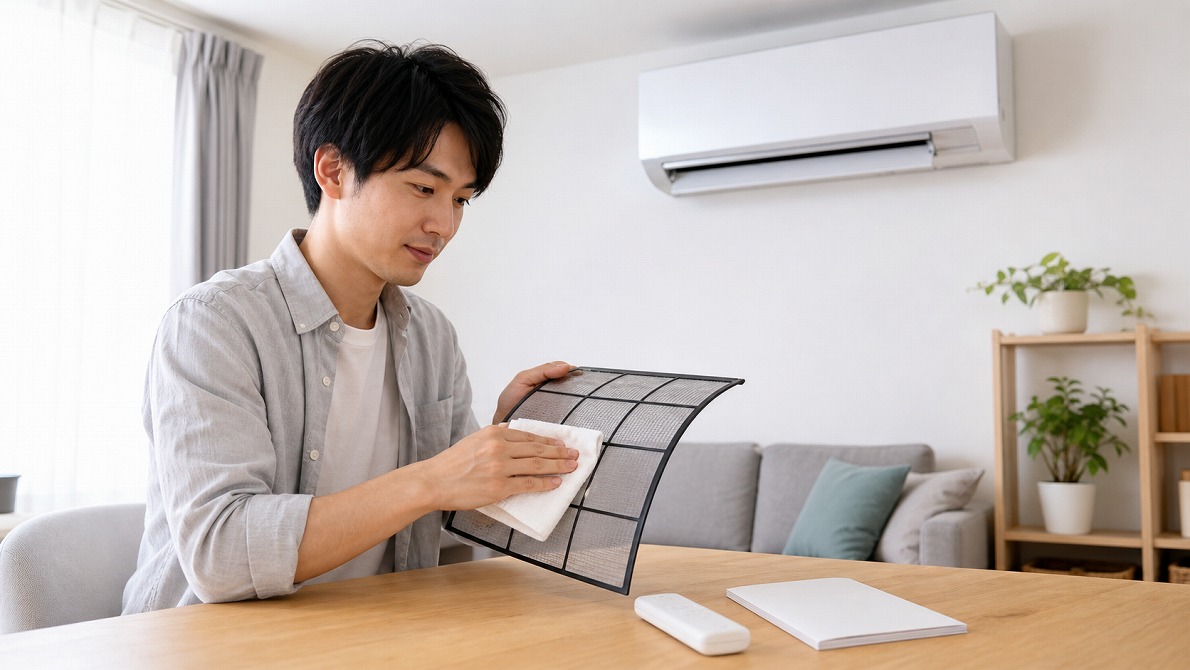 エアコンを高く売るためにフィルターを掃除し付属品を用意する日本人男性