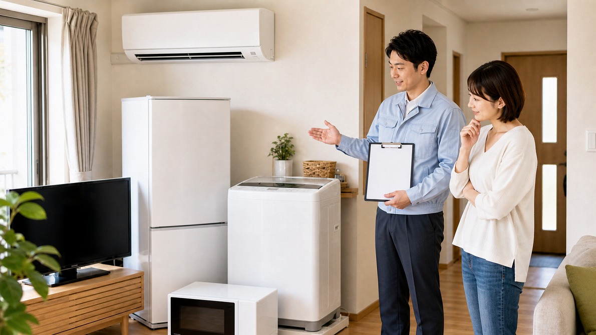エアコンと冷蔵庫や洗濯機などをまとめて査定する買取名人スタッフと依頼者
