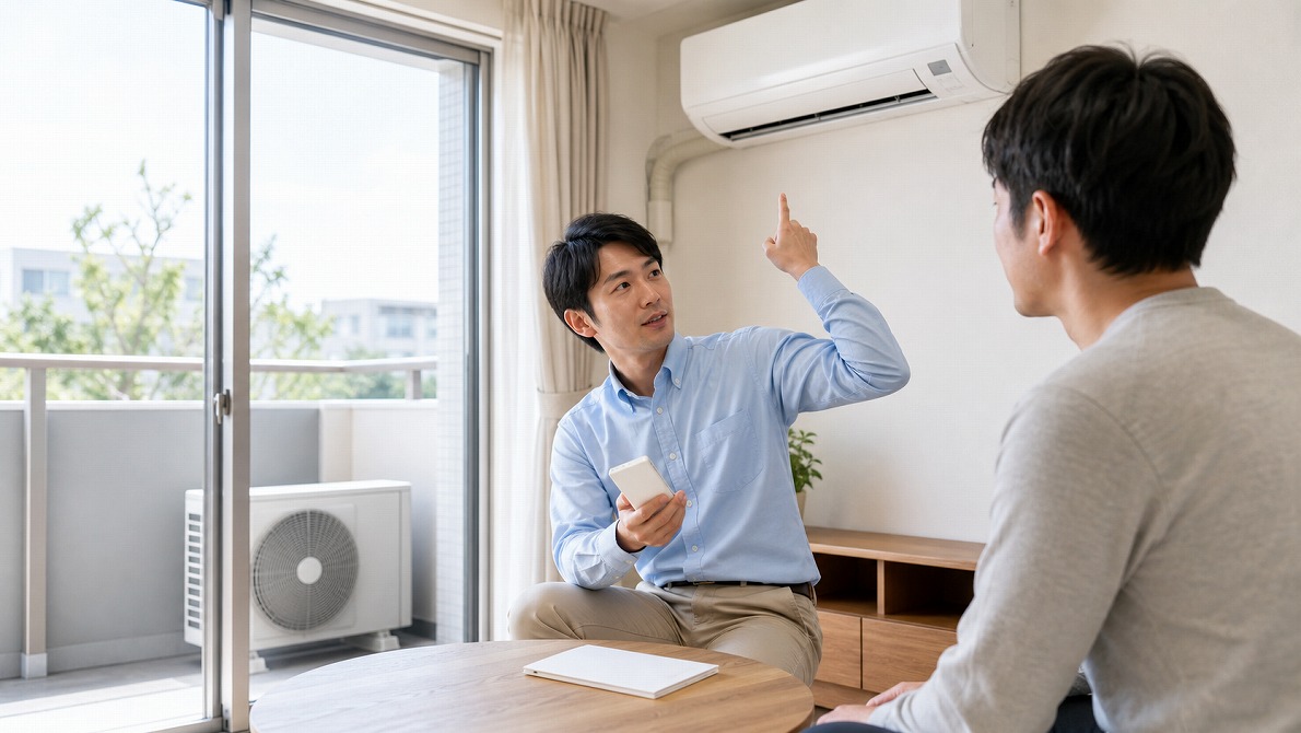 エアコン取り外し工事前に室内機とリモコンを確認する買取名人の査定スタッフの様子