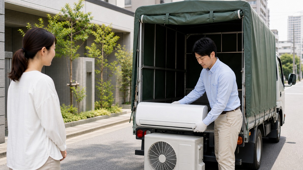 東京でエアコンの出張買取に対応する買取名人の査定スタッフと回収車