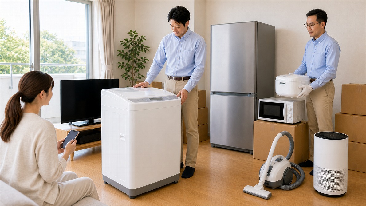 引っ越し前に売る家電と新居で使う家電を確認する出張買取の様子