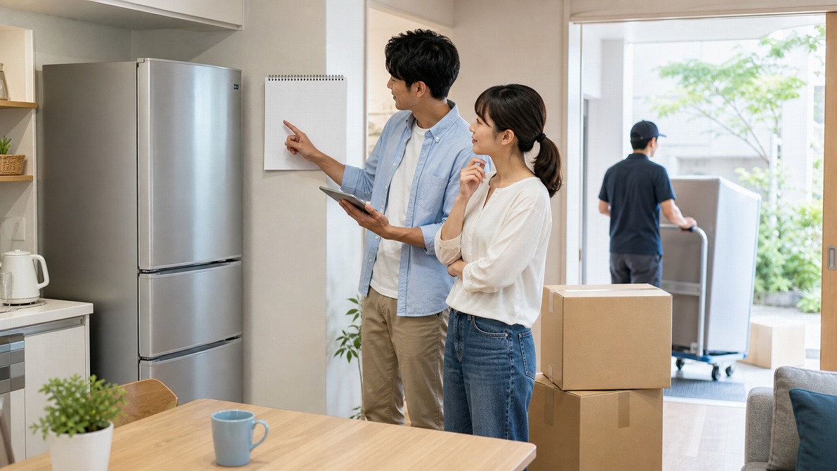 引っ越し前に3ドア冷蔵庫の売却時期を相談する夫婦