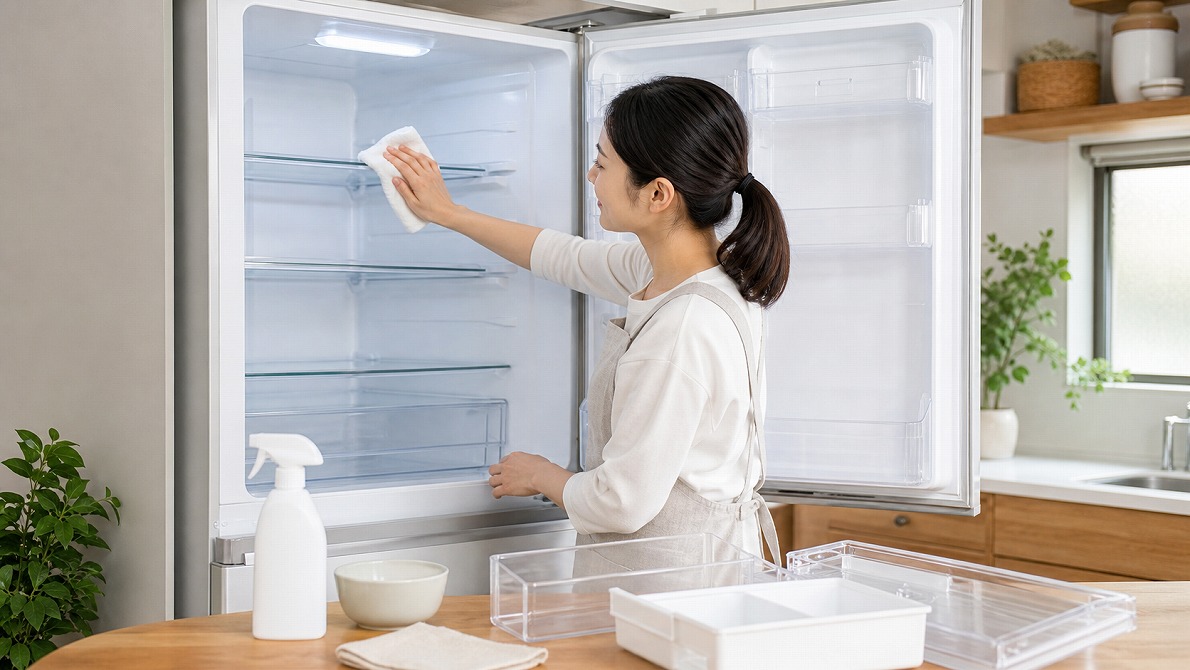 冷蔵庫を高く売るために庫内を掃除して査定前の準備をする様子