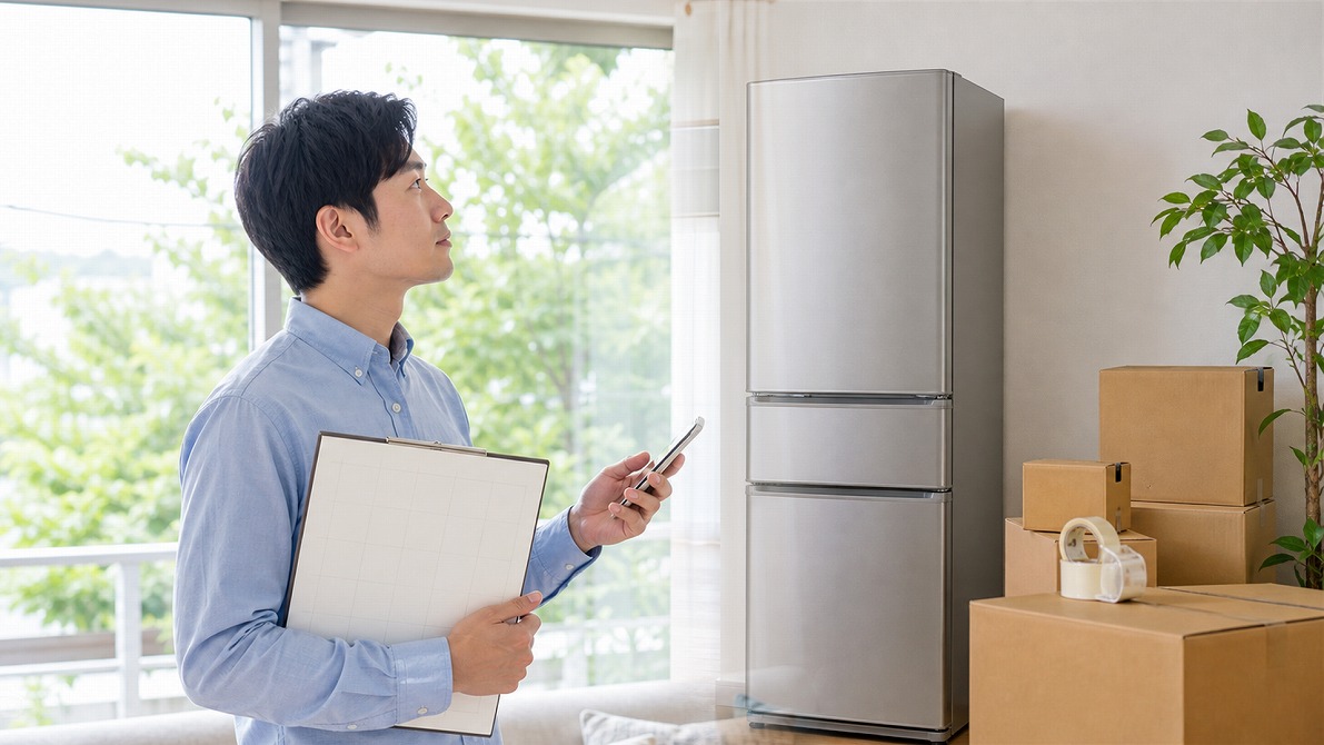 買取名人の査定スタッフがキッチンで3ドア冷蔵庫の状態を確認する様子