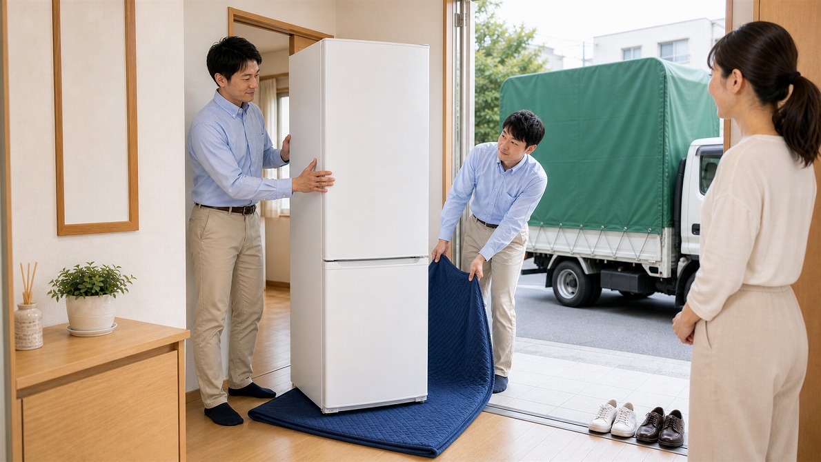 出張買取スタッフが200Lの2ドア冷蔵庫を丁寧に運び出す様子