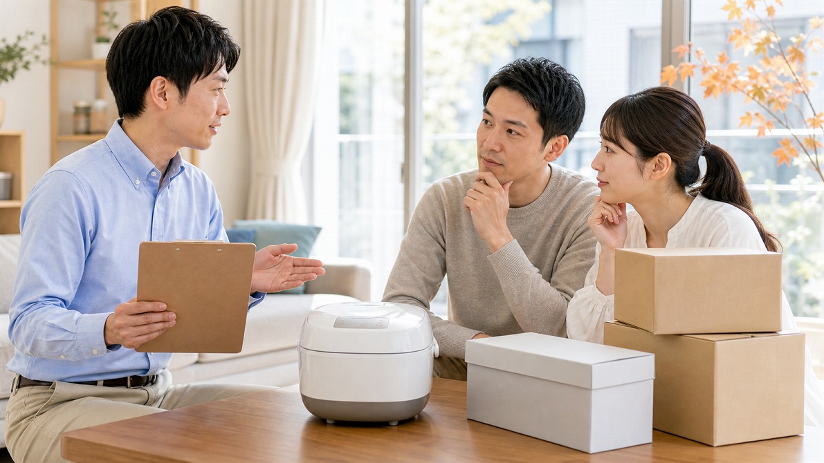 引っ越し前の明るい室内で炊飯器を買取名人査定スタッフに相談する売却タイミングのイメージ