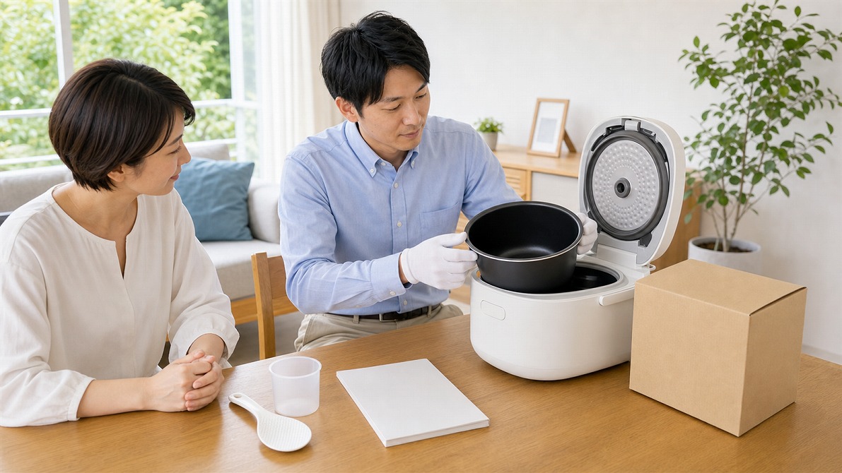 付属品と内釜をそろえて買取名人査定スタッフが炊飯器の状態を確認する高価買取のイメージ