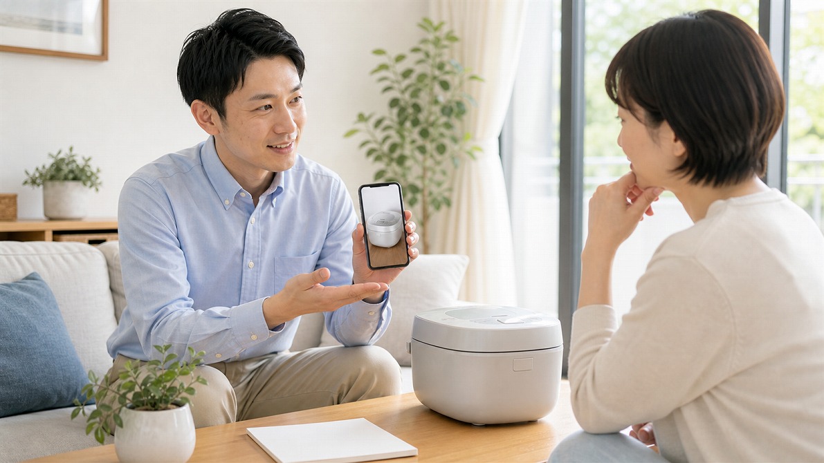 明るい室内で買取名人の査定スタッフが炊飯器買取の質問に答えている相談イメージ