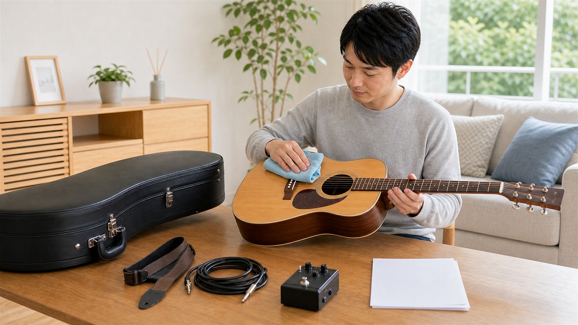 楽器を高く売るためにギターと付属品を確認し、クリーニングしているお客様