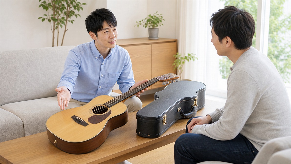 楽器出張買取の質問に買取名人の査定スタッフが丁寧に答えている相談風景
