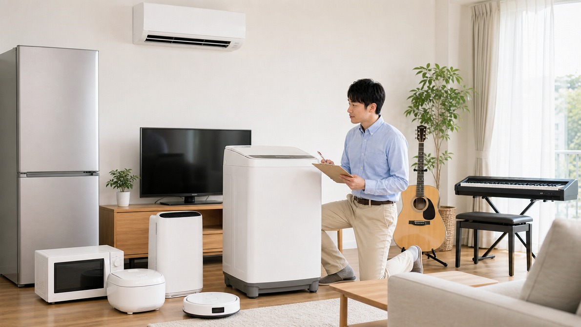 武蔵野市で買取できる冷蔵庫や洗濯機などの家電と楽器の査定風景