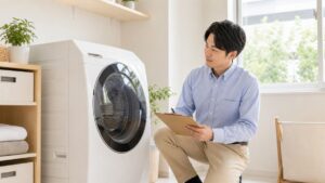 東京で洗濯機を高く売るために買取名人査定スタッフが状態を確認している様子