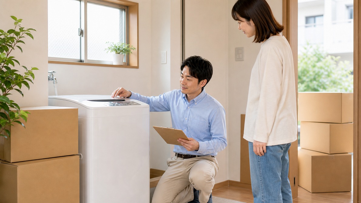 引っ越し前の室内で洗濯機の買取タイミングを相談している様子