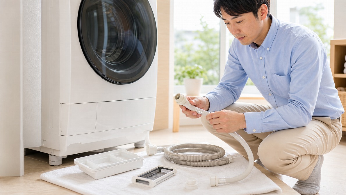 買取名人査定スタッフが洗濯機のホースやフィルターなどの付属品を確認し、査定している様子