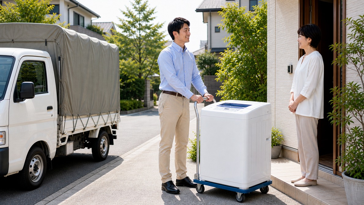 東京西部の住宅で洗濯機の出張買取に対応している買取名人査定スタッフの様子