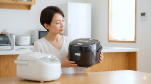明るい家庭のキッチンで、日本人の主婦が最新のダークカラーの圧力IH炊飯器を手に持ち、木製のテーブルの上に置かれた古い白い炊飯器と見比べながら、買取相場を検討している様子。