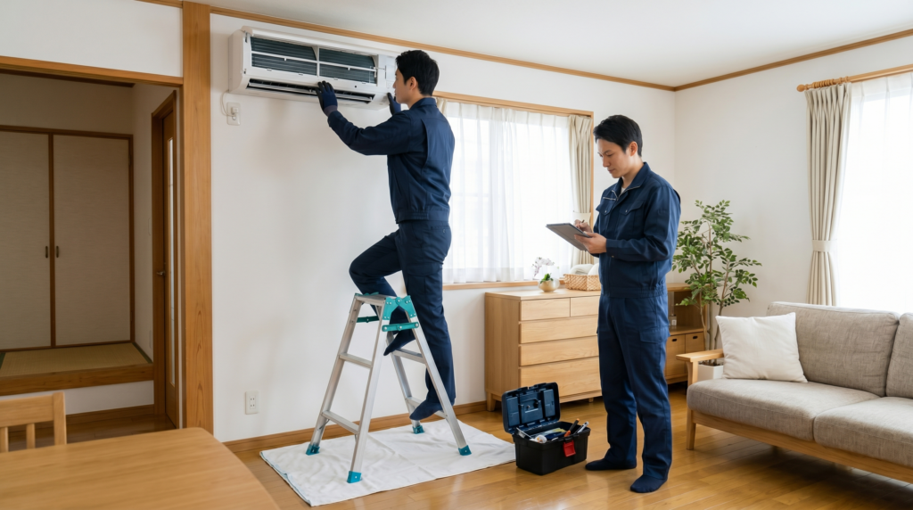 明るい日本のリビングルームで、2人の買取名人査定スタッフが壁掛けエアコンの出張買取査定と取り外し準備を行っている。チーム全体が清潔で信頼できる印象を与え、プロフェッショナルなサービスと信頼性を強調している。