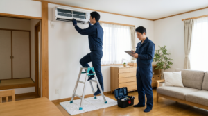 明るい日本のリビングルームで、2人の買取名人査定スタッフが壁掛けエアコンの出張買取査定と取り外し準備を行っている。チーム全体が清潔で信頼できる印象を与え、プロフェッショナルなサービスと信頼性を強調している。
