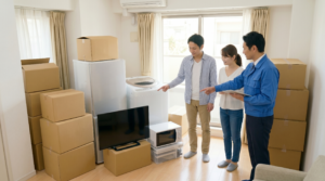 引っ越し前の明るい日本の室内で、冷蔵庫、縦型洗濯機、テレビ、電子レンジなど様々な家電製品をまとめて査定している様子、買取名人の査定スタッフと家電のまとめて買取を依頼した夫婦が相談している様子。