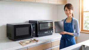 電子レンジ買取相場の記事アイキャッチ画像：キッチンに並ぶ電子レンジと、買取査定タブレットを手に微笑む買取名人の女性スタッフ