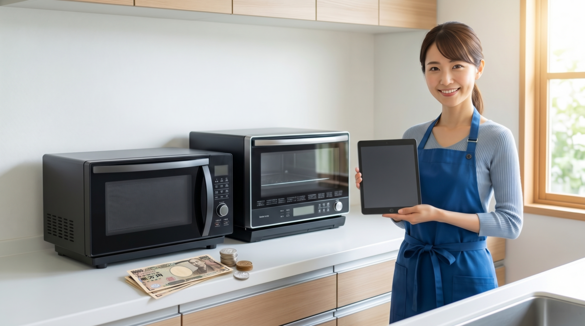 電子レンジ買取相場の記事アイキャッチ画像：キッチンに並ぶ電子レンジと、買取査定タブレットを手に微笑む買取名人の女性スタッフ
