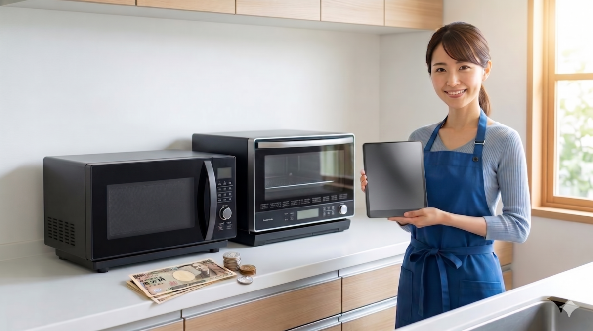 電子レンジ買取相場の記事アイキャッチ画像：キッチンに並ぶ電子レンジと、買取査定タブレットを手に微笑む買取名人の女性スタッフ